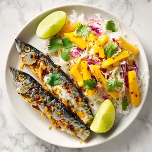 A crisp, white plate arranged with glistening mackerel halves, their golden-brown tops adorned with specks of chili. Fresh mango coleslaw bursting with color nestles next to them, bright orange mango slices and green cilantro contrasting charmingly against the white slaw. A wedge of lime accompanies the dish, ready to be squeezed over the coleslaw for a tangy kick.