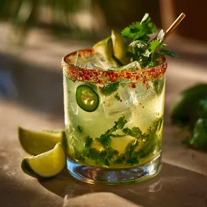 The cocktail presents a shimmering light green hue, dotted with slices of jalapeno and sprigs of cilantro floating on top. The glass rim is coated in smoked salt, adding a rust-colored contrast. Lime wedges and a bamboo straw perch on the rim, with a sunset light perfectly capturing the liquid's sparkle.
