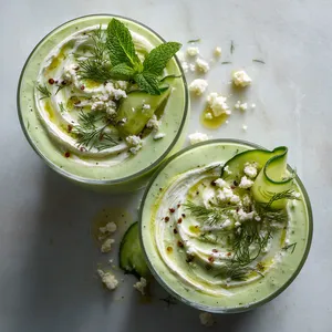 Two pale jade smoothies in clear glasses, topped with a swirl of yogurt, tiny dill fronds, mint ribbons, cucumber half-moons, cracked pepper, crumbled feta, and a glossy drizzle of olive oil.