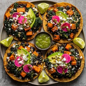 From above, four small tostadas sit on a platter like edible mosaics: golden crisp tortillas topped with black beans, caramelized orange sweet potato cubes, deep emerald crispy kale, pale green avocado slices, pink radish ribbons, scattered pepitas, white cheese crumbles, and dots of bright green salsa with lime wedges tucked around the edges.