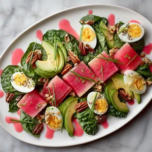 From above, a wide white platter filled with deep green watercress and little gem leaves, lined with neat rows of blush-pink pickled rhubarb, golden jammy egg halves, fanned avocado slices, toasted pecans, and small cheddar shards, all finished with a glossy pink drizzle, cracked pepper, and scattered chives.