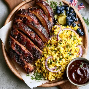 From above, a wooden platter lined with parchment holds lacquered mahogany ribs sliced into neat sections, fanned beside a mound of charred yellow corn slaw flecked with green herbs, curls of red onion, scattered blueberries, pickle chips, and a small bowl of glossy BBQ sauce, all garnished with chopped chives and tiny American flag toothpicks.