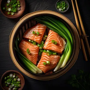 A beautiful salmon fillet steamed to perfection in a bamboo steamer with a generous amount of ginger and green onions on top.