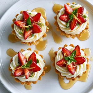 From above, four petite tartlets sit on white plates with pale golden corn-cookie crusts, ivory cheesecake filling swirled neatly, ruby strawberry slices fanned like petals, tiny basil leaves, wisps of lemon zest, and a glossy honey drizzle pooling artistically around each tart.