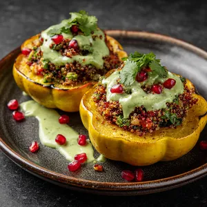 Two yellow-orange acorn squash halves are proudly presented on a dark, rustic plate, their round craters stuffed with the red, white, and green speckled quinoa, adorned with a drizzle of creamy, green avocado-cilantro sauce. A sprinkle of pomegranate seeds gives a pop of color.