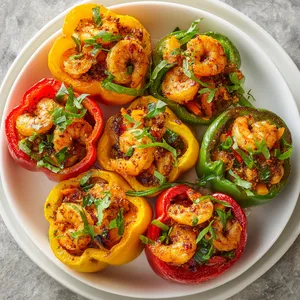 Brightly-colored bell peppers with tops sliced off to form cups, filled with a golden sautéed mix of shrimp, vibrant vegetables, and Cajun spices, adorned with fresh green herbs on top, on a clean, white plate.
