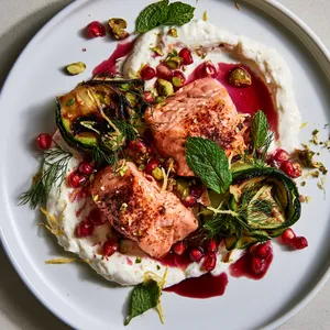 From above, a wide white plate holds a swoosh of pale whipped feta cream topped with blush-pink salmon fillets, dark grill-kissed zucchini ribbons curled into loose nests, scattered ruby pomegranate seeds, chopped pistachios, mint leaves, dill fronds, lemon zest, and a glossy drizzle of deep garnet pomegranate reduction.