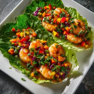 The final dish is a kaleidoscope of colors with plump, pink shrimp nested in crisp, vibrant green lettuce leaves, generously topped with finely chopped, multi-colored veggies. The tangy sauce gives it a shiny glaze making it look deliciously fresh and juicy.