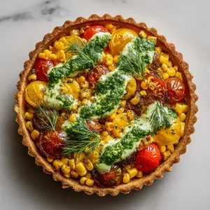 A picture-perfect round tart featuring a flaky golden crust filled with juicy, brightness of tomatoes, contrasted with the creamy yellow kernels of corn. It's adorned with a green drizzle of dill pesto, with a few dill sprigs on top for an artisanal finish.