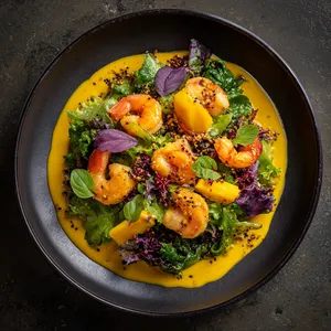 A vibrant plate filled with contrasting colors and textures. Bright orange shrimp and sunny mango slices are nestled among glossy dew-kissed greens, punctuated with specks of purple Thai basil leaves. The chia-speckled turmeric dressing forms a radiant saffron halo around the dish.
