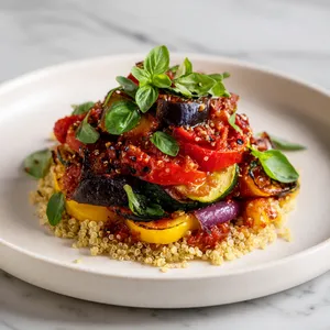 A colorful patchwork of roasted vegetables in a spectrum of deep reds, sunny yellows, purples, and verdant greens, garnished with fresh basil leaves. The vegetables sit atop fluffy, lemony quinoa, which adds an additional layer of texture and color contrast. The whole dish is presented on a modern, stark-white plate, to accentuate the symphony of colors.