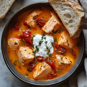 A rich, golden-hued soup, filled with chunky salmon pieces, vibrant sundried tomatoes, topped with a swirl of crème fraîche and fresh thyme sprigs. A warm, crusty sliced baguette on the side.