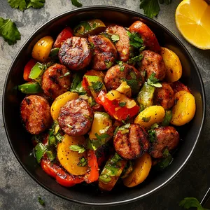 A colorful splash of red, green, and yellow, contrasting against the rich brown sausage slices. The glimmering citrus sauce adds a glossy finish.