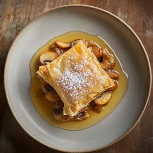 A golden brown delicate phyllo pastry sits elegantly on the plate, with a tempting mound of caramelized cremini mushrooms peaking out from within. The pastry is lightly dusted with powdered sugar and there’s a generous drizzle of honey on top. The honey glistens under the light, looking like liquid gold.