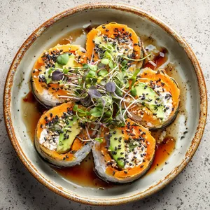 Four sliced sushi rolls placed in a well-lit porcelain dish, revealing vibrant layers of orange sweet potato, creamy avocado, and contrasting white cream cheese. These are sprinkled with black sesame seeds and garnished with a delicate pinch of microgreens, all against the backdrop of a rich soy-maple drizzle.