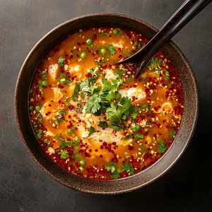 When viewed from above, lively and exciting colors invite you to dip in your spoon; the crimson dots of chilies and the green specks of cilantro pop against the creamy, golden-brown liquid. The bowl is garnished with an array of crab meat on top, drawing a bold, delicious-contoured outline.