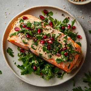A beautiful contrast of the pink toned salmon against the golden toasted sumac bread, topped with fresh greens and pomegranate seeds. A smear of creamy, nutty tahini dip completes the look. It's an enticingly colourful dish that begs to be photographed.