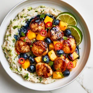 From above, a shallow white bowl holds a swoosh of pale coconut rice flecked with cucumber and herbs, topped with caramelized golden scallops lacquered in deep indigo-purple glaze. Bright mango cubes, whole blueberries, red chile rings, lime wedges, and tiny green herb leaves create a vivid tropical mosaic with dramatic contrast.