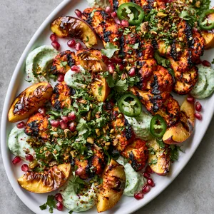 From above, thick crimson-orange cauliflower steaks with dark grill marks fan across a white platter, dotted with blistered peach wedges, swirls of pale green mint yogurt, ruby pomegranate seeds, sliced green chiles, and a shower of cilantro and toasted pistachios.