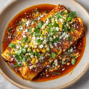 The plate is vibrant with two stuffed enchiladas sitting atop a deep orange, glistening tangerine sauce. It's adorned with a sprinkle of fresh green cilantro and crumbled white queso fresco. A side of charred corn kernels adds a pop of yellow. The dish is warm and inviting, with colors as vivid as a Mexican sunset.