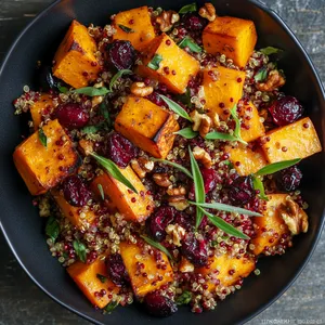 A striking dish boasting bold autumn colors: vibrant glossy orange butternut squash cubes sit prettily next to vibrant red cranberry jewels, sprinkled with dark green tarragon leaves. The squash and cranberries gently sit on a crisp walnut-studded bed of quinoa.