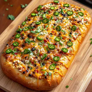 The bread is a warm golden hue, speckled with bits of black radish that offer a dynamic color contrast. There's a generous sprinkling of melted cheese on the top, giving it a luscious, mouth-watering appeal. Bright pops of color from the finely chopped jalapenos complement the bread's overall rustic charm.