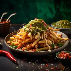 Golden brown celeriac fries piled high on a vibrant circular plate, highlighted with splashes of electric green salsa. Topped with a sprinkling of scarlet red chili flakes, and a sprinkling of grated cheese, the plate is a palette of autumn hues, teasing of the riot of flavor within.