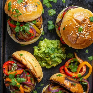 Looking at it from above, you see a medley of bright colors. The toasted sesame slider buns provide a contrasting border for the vibrant, sautéed bell peppers and charred onions. Accompanied by a dollop of creamy guacamole on the side and garnished with a sprinkle of fresh cilantro, this dish is as visually stunning as it is delicious.
