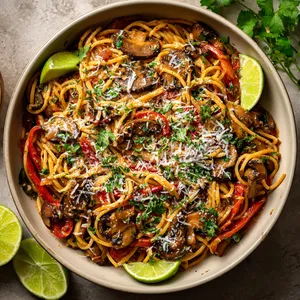 Tantalizingly displayed in a wide, shallow dish, the piping hot pasta glistens with a blend of savory sauces, bright peppers and soft, speckled mushroom. Topped with a generous sprinkle of fresh chopped cilantro, and some melting cheese. Sliced lime wedges sit around the dish, looking inviting.