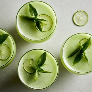 From above, four coupe glasses glow pale jade with a silky, lightly frosted surface, each topped with a tiny green bean ribbon, a Thai basil sprig, and a thin floating lime wheel for a sleek, minimalist, photo-ready presentation.