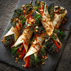 From above, see wisps of smoke fade from the still warm soft tortillas on a rustic slate platter. Inside these open-ended torpedos are layers of glossy, charred, dark-green kale leaves, peeking out alongside vibrant julienned red bell peppers and specks of crushed peanuts. A drizzle of piquant Thai BBQ sauce graces the top, flecked with chilli and coriander.