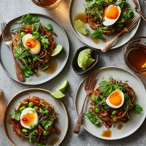 From above, four plates show golden crisp rice cakes topped with halved jammy eggs, vivid green herbs, pale emerald fava beans, ruby chile slices, and a shower of bronzed shallots, with lime wedges tucked at the side and a glossy chili-lime dressing lightly pooled underneath.