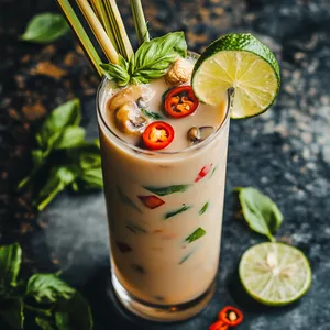 A tall, slim cocktail glass filled with a light beige liquid. Lime wheels, chilli cuts, a sprinkle of Thai basil leaves rest on top, adding a pop of green and red. A stalk of lemongrass angled stylishly completes the look.