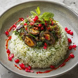 A picturesque mound of fragrant, green-speckled coconut lime rice, adorned with a vibrant topping of glossy oysters tossed in an inviting basil stir-fry. Sprinkled with enticing ruby pomegranate seeds and warming sriracha trails, this dish promises a flavorful journey.