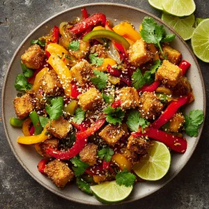 A colourful plate bursting with red, yellow, and green bell peppers mixed with golden crispy tofu chunks. The dish is sprinkled with sesame seeds for a crunchy texture and garnished with fresh cilantro leaves for a pop of green. Lime wedges on the side add a vibrant yellow-green contrast.