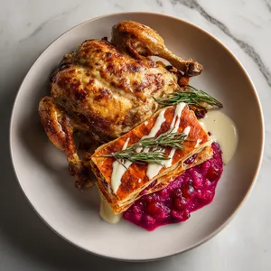 From overhead, the dish exudes warm tones of autumn with tender, golden brown Cornish hens crowning the plate. Adjacent, neat layers of Sweet Potato Mille Feuille peak through a creamy drizzle. The striking ruby red of the cranberry-apple stuffing brings a vibrant pop of color that promises a sweet-tart explosion.