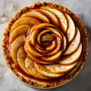 From the top, you see a glossy, caramel-glazed spiral of thinly sliced apples adorning a golden cheesecake. A sprinkle of cinnamon adds warmth to the color palette, complementing the crumbly graham cracker crust peaking out from the sides.