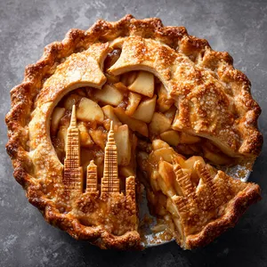 Looking at it from above, the crust is golden brown, meticulously cut-outs forming the NYC skyline and a big apple fill the top, giving a wonderful view to the glossy, caramelized golden apple filling within. It's a slice of New York on your plate!