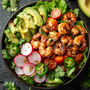 This enticing bowl is an explosion of vibrant colors. At the center, grilled shrimp speckled with a blend of spices sit atop a lush green bed of crisp lettuce. Surrounding this centerpiece are generous heaps of diced avocado, sliced radishes, and cherry tomatoes. Green cilantro, red jalapeno slices and a drizzle of the creamy lime dressing add a dazzling pop of colors. Each component is purposefully placed yet beautifully chaotic, evoking a visual symphony of the Mexican culinary landscape without appearing staged or contrived.