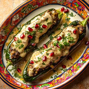 The eye-catching plate features three stuffed poblano peppers arranged in a row, their glossy dark green skins almost bursting with fruity meat filling. They're lavishly coated in a luscious white walnut sauce, crowned with a sprinkle of vibrant red pomegranate seeds and a dash of fresh, green parsley. They sit on a bright, multicolored Talavera platter, looking like they're ready to join the fiesta.