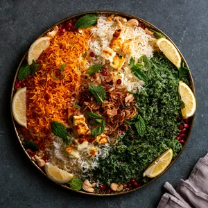 From above, a round platter of biryani shows vivid bands of saffron-orange rice, snowy white paneer-studded rice, and emerald green herb rice, garnished with fried onions, mint leaves, cashews, pomegranate seeds, and lemon wedges around the edge.