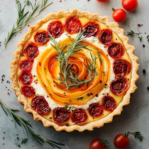 Layers of golden, flaky tart shell filled with distinctly colorful layers - white ricotta base, sun-dried tomato speckled orange cheddar mid, and a top layer of creamy, melting camembert adorned with fresh rosemary sprigs and garnished with vividly red cherry tomatoes on the vine.