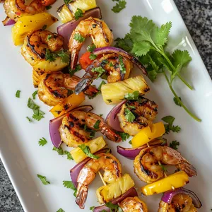 Golden charred shrimp and chunks of caramelized pineapple shine amidst the vibrant greens and purples from bell peppers and red onions. All neatly aligned on a skewer sitting on a white plate garnished with a sprig of fresh cilantro.