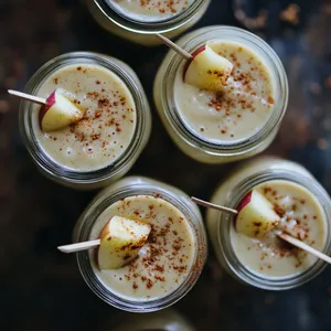 A quartet of mason jars filled with the creamy, pale-yellow smoothie, its texture speckled with tiny flecks of purple skins from the turnip. Each jar is adorned with slices of crisp apple on a skewer and a sprinkling of cinnamon on the frothy surface.