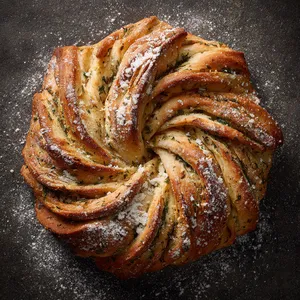 From the bird-eye view, the bread unravels like a spiral galaxy; the golden bakes, dusted with flour, glistens quietly. The layers subtly expose their charming olive emerald and thyme flecks. The edges are just crisp, and the bread resonates a rustic elegance.