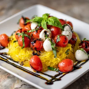 The plated dish radiates calm summery vibes with bright yellow strands of spaghetti squash forming a nest, glossed with the creamy butternut pesto. Scattered above are juicy red cherry tomatoes and vibrant green basil leaves, punctuated by white mozzarella pearls. A drizzle of balsamic reduction draws dark, captivating lines across the plate.
