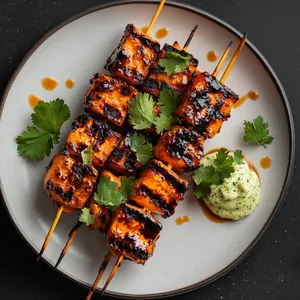 Glistening skewers stacked diagonally across a minimalist plate, their orange hue popping against the plate's monochrome. Wavy cuts on skewers enhance char marks. Emerald sprigs of cilantro add contrast. Droplets of glaze dot the rim, and a swirl of wasabi mayo is placed at one corner.