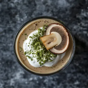 A thick, cappuccino-colored smoothie in an elegant clear glass, topped with whipped cream sprinkled with matcha powder and garnished with a delicate slice of cremini mushroom.