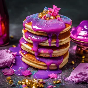 A stack of three fluffy, golden pancakes topped with a vibrant purple sauce and a sprinkle of rainbow-colored edible glitter.