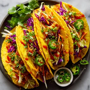 A vibrant array of yellow pancakes folded into taco shapes, stuffed with an inviting mix of purple cabbage, green lettuce, bright-orange shredded carrots, and studded with tofu morsels. Topped with verdant cilantro, sliced jalapeño and finished with a drizzle of tangy sriracha sauce.